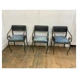Set of Three Wrought Iron Chairs with Blue Upholst