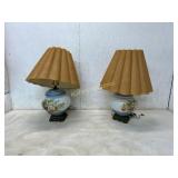 Pair of Floral Glass Table Lamps with Fabric Shade