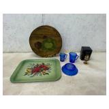 Decorative Lot with Metal Tray, Wooden Box, Glassw