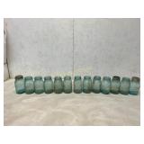 Set of 13 Ball Aqua Glass Mason Jars with Embossed