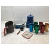 ENAMAL COFFEE POT AND BOWL 6 METAL CUPS 2 SIFTERS
