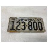 1947 Virginia License Plate with Embossed Numbers