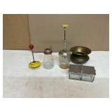 Assorted Vintage Kitchen Tools and Brass Spittoon