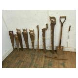Collection of Rusted Hand Saws, Shovel, and Tools