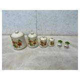 Set of Six Ceramic Kitchen Canisters and Salt and