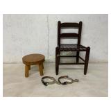 Wooden Ladder-Back Chair, Rustic Round Stool, and