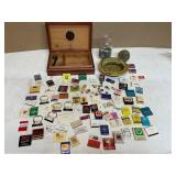 Collection of Matchbooks, Pins, Wooden Box, and As