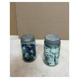 2 BLUE JARS BALL WITH MARBLES  ATLAS WITH DOMINOS