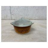 Pyrex Gold-Tone Bowl with Glass Lid and Fruit Patt