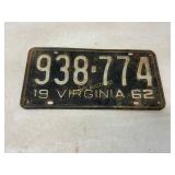 1962 Virginia License Plate with Embossed Numbers