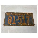 1953 Virginia License Plate with Rusted Finish