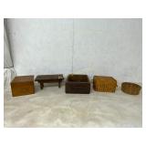 Five Wooden and Wicker Items Five Wooden and Wicker Items