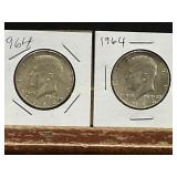 Two 1964 Kennedy Silver Half Dollars, Two 1964 Kennedy Silver Half Dollars,