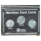 Set of 3 1943 Wartime Steel Cents in Display Holde