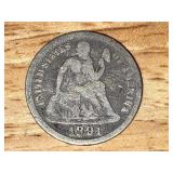 1891 Silver Seated Liberty Dime