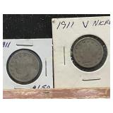 Pair of 1911 Liberty Head ï¿½Vï¿½ Nickels Encased in H