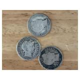 Three Silver Barber Dimes
