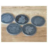 Five U.S. Silver Barber Dimes