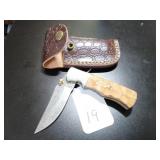 Straight Point Damascus Folding Knife with Sheath