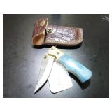 Clip Point Damascus Folding Knife with Sheath