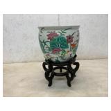 Porcelain Planter With Wooden Stand