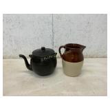 Stoneware Pitcher and Glazed Teapot