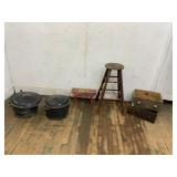 6 Rustic Items Enamel Pots Stools Drawers