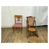 Two Wooden Chairs with Upholstery and Cane Seats
