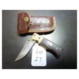 Straight Back Damascus Folding Knife with Sheath