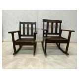 Pair of Wooden Slat-Back Rocking Chairs