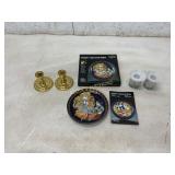 Decorative Plate, Candlesticks, and Porcelain