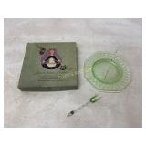 Green Vaseline Glass Plate and Fork Set with Box