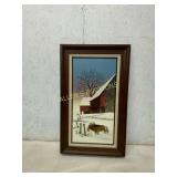 Framed Winter Barn Scene Painting