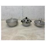 Three Covered Metal Serving Dishes