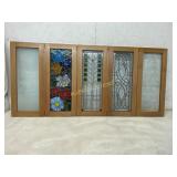 Five Framed Stained and Frosted Glass Panels