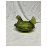 Green Glass Hen on Nest Dish
