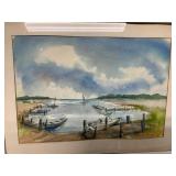 Framed Watercolor Harbor Scene