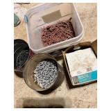 Assorted Nails, Screws, and Fasteners in Container