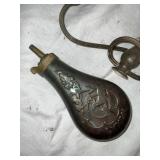 Antique Brass Powder Flask and Sconce Set