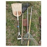Collection of Garden Tools with Shovel, Rakes, and