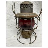 Metal Railroad Lantern with Red Glass Globe