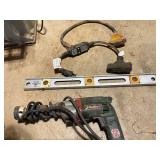 Corded Drill, Power Cable, and Level Tool