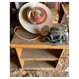 Wood Side Table With Red Metal Lamp