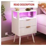 White Nightstand with Charging Station, LED Lights