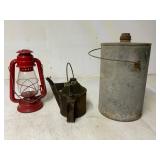 Red Lantern, Oil Can, and Metal Containers