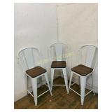 3 White Metal Bar Stools with Wood Seats