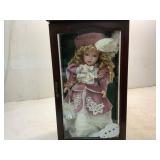 Porcelain Doll in Wood Display Case
