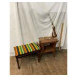 Stool, Wooden Side Table and Lamp