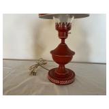 Red Metal Table Lamp With Glass Chimney
