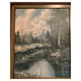 Framed Landscape Painting With Stream and Trees